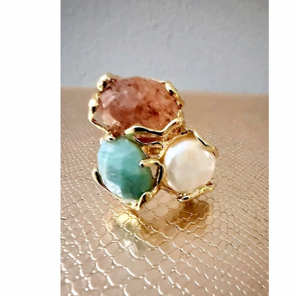 GOLD TONE LARGE STONES STATEMENT BOHO ADJUSTABLE RING! - Picture 3 of 5